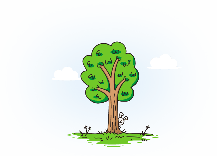 Веселый зайчик за деревом